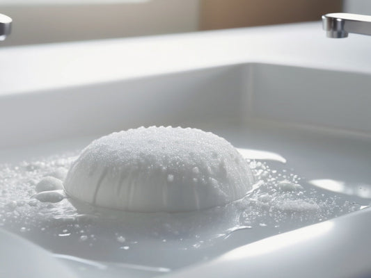 White soap suds and foam in a clean sink