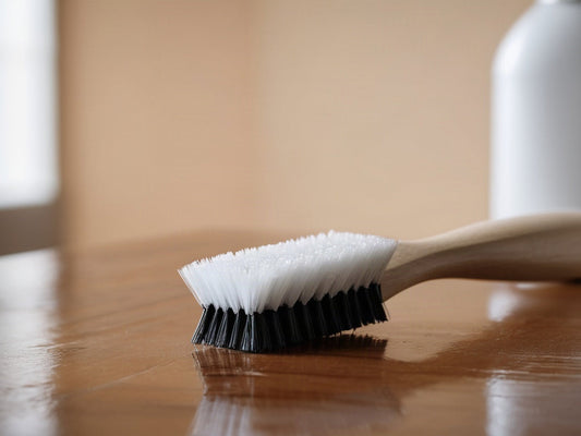 A cleaning brush with white bristles and a wooden handle resting on a wooden kitchen counter in soft daylight