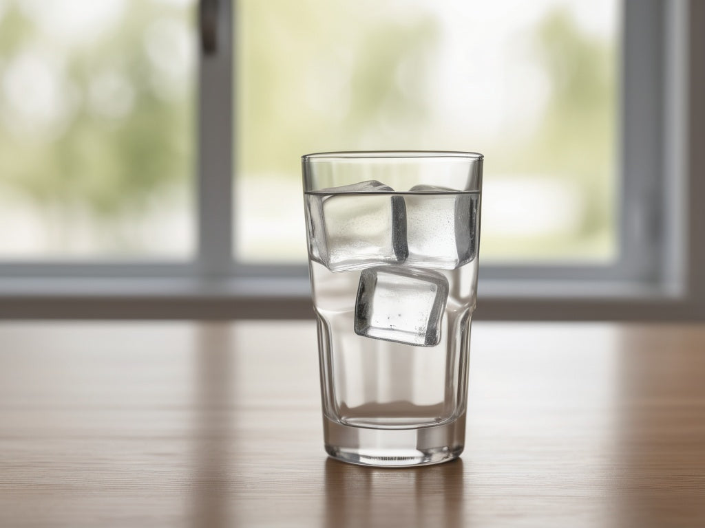 A tall clear glass of plain water with ice on a plain light surface in daylight, no text or logos visible