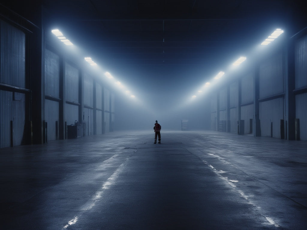 Warehouse at night under cool floodlights with a distant worker silhouette