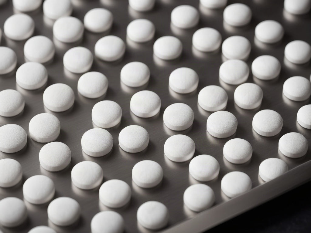 Overhead macro shot of white round pills on a stainless steel counting tray