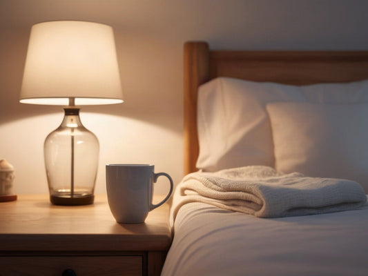 A warm bedside lamp, a mug of tea, and a folded blanket on a wooden nightstand beside a bed in soft light