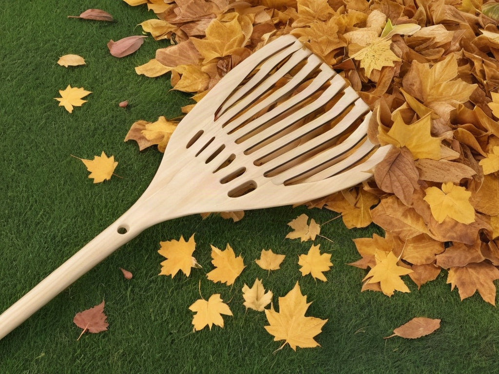 Wooden leaf rake resting beside a pile of golden autumn leaves on a green lawn