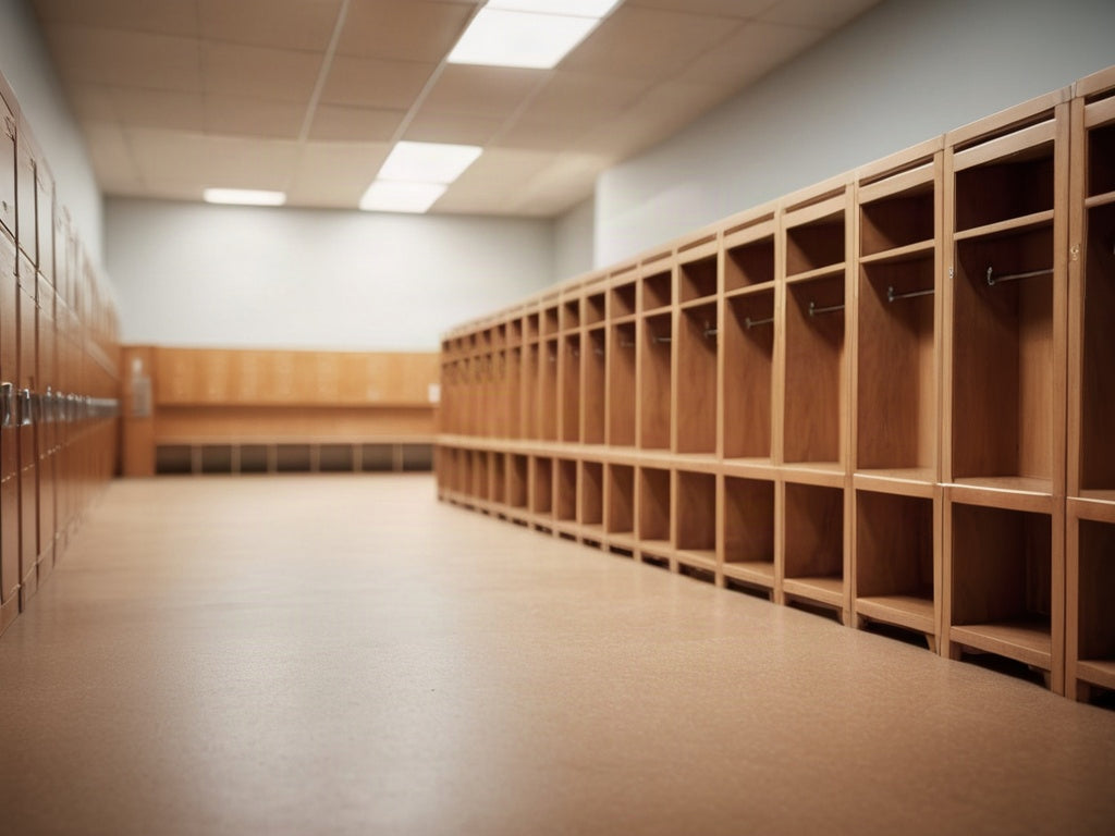 Empty gym locker room with wooden benches