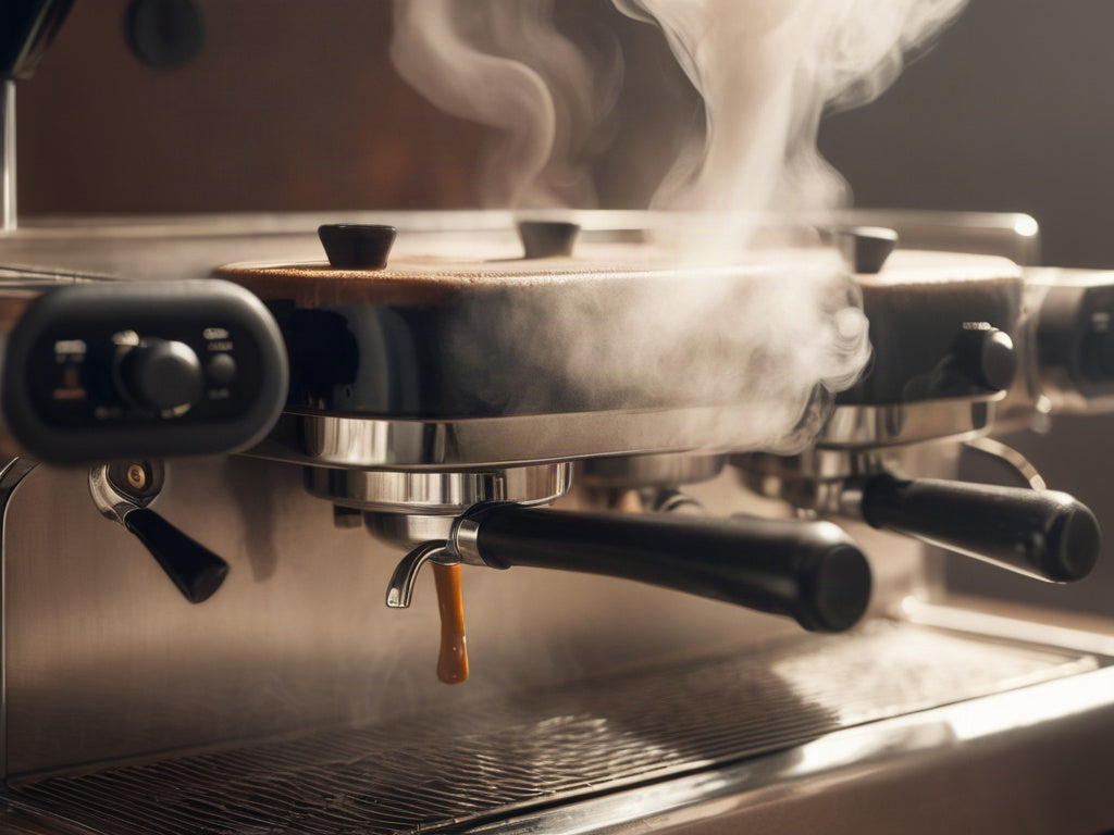 Close-up of steam rising from an espresso machine group head in warm cafe light