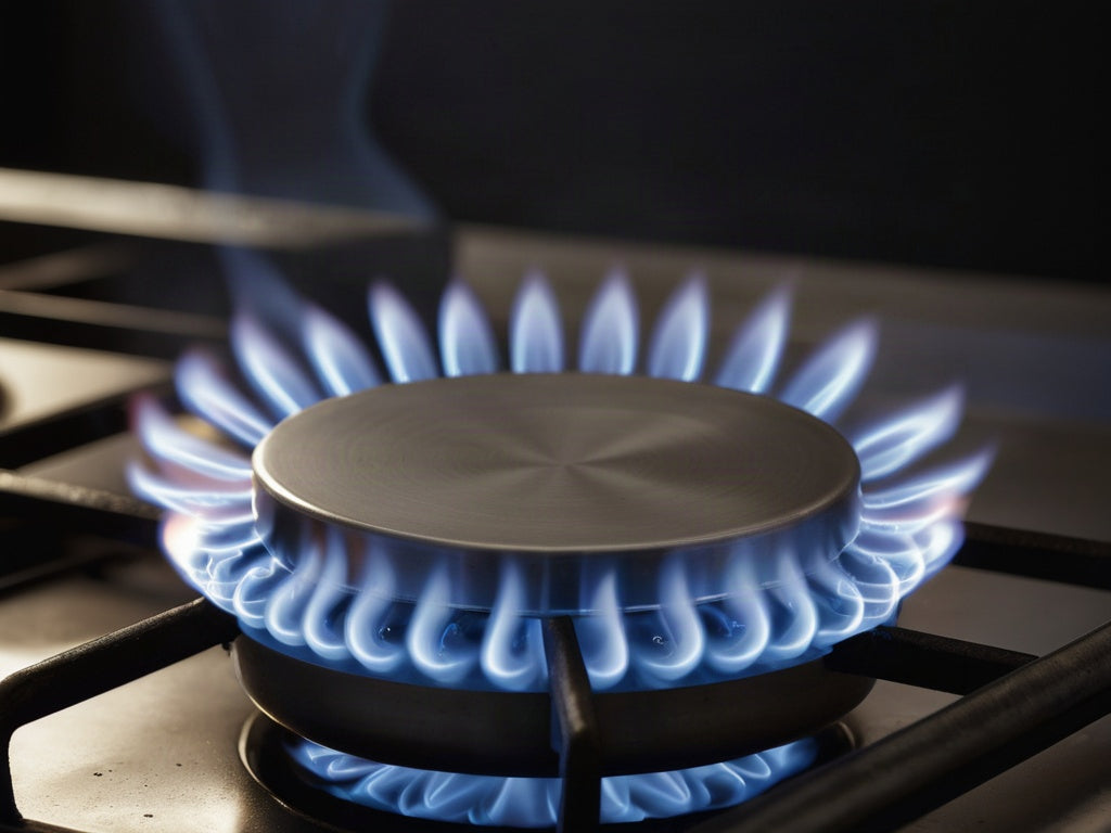 Blue gas burner flames under a plain stainless pan in a dark professional kitchen