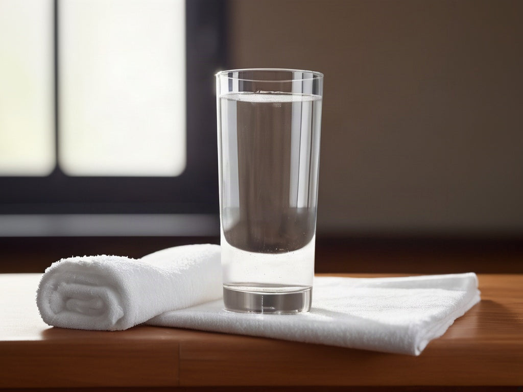 A tall glass of ice water on a wooden gym bench beside a folded white towel in warm light
