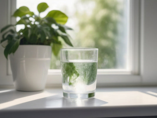 Glass of water catching morning sunlight on a kitchen windowsill