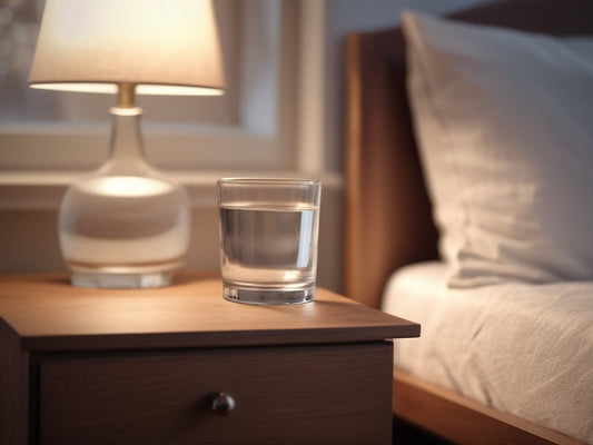 Glass of water on a wooden nightstand at dawn