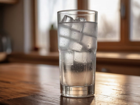 A tall glass of ice water with condensation on a wooden kitchen table in warm daylight