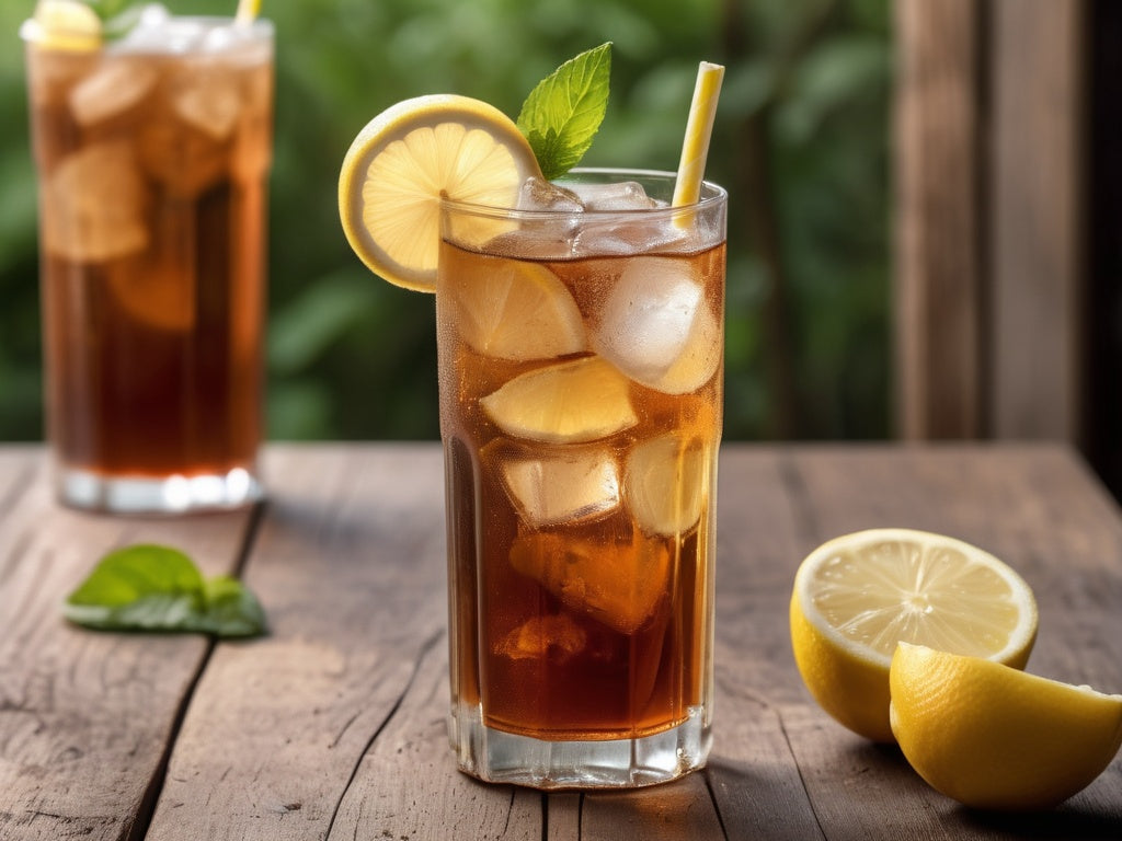 Glass of iced tea with lemon slices and ice on a wooden table
