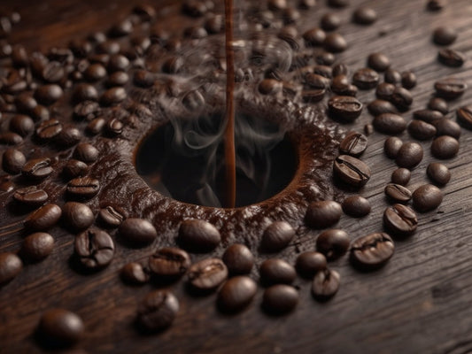 Freshly poured black coffee with steam and roasted coffee beans