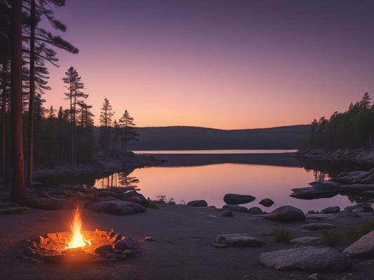 Lakeside campsite at dusk with campfire in a stone ring