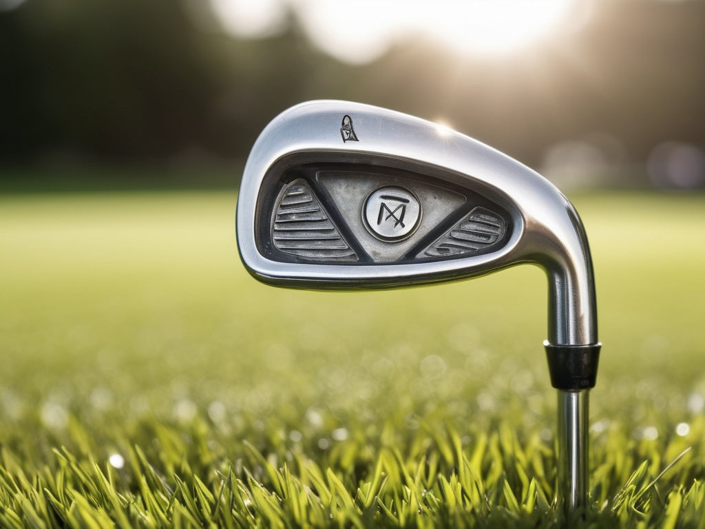 Close-up of a clean chrome iron golf club head with crisp grooves on green grass — NuRich golf club groove cleaning