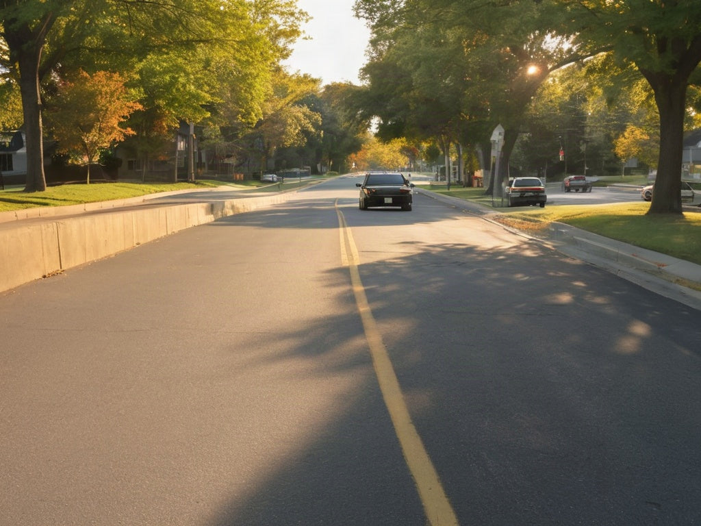 An empty two-lane suburban road in soft late-afternoon light with parked cars and leafy trees along the curb