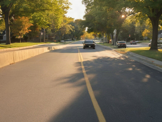 An empty two-lane suburban road in soft late-afternoon light with parked cars and leafy trees along the curb