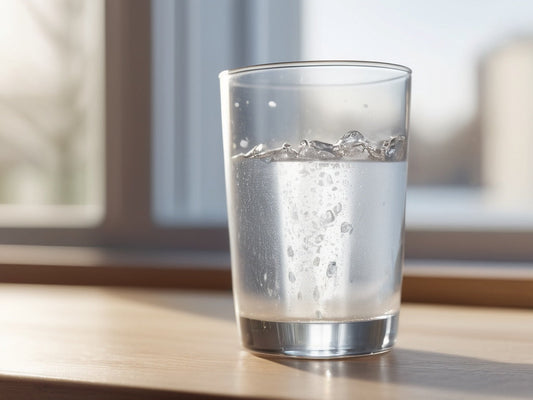 Clear glass of cold water on a bright office desk in soft morning light