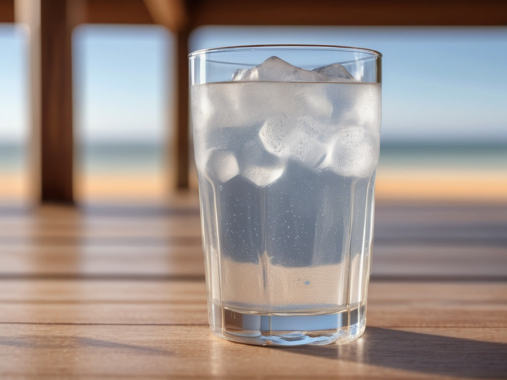 A tall glass of ice water with condensation on a wooden bench in daylight