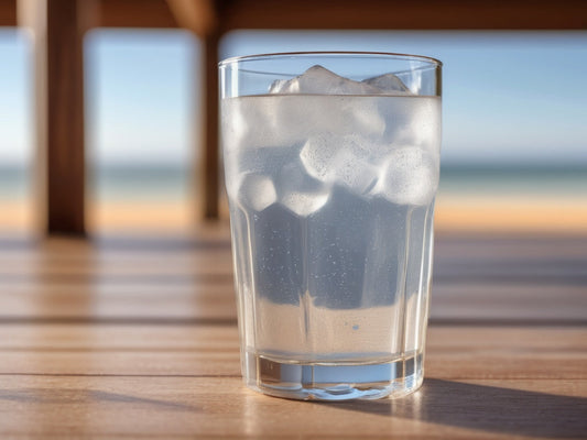 A tall glass of ice water with condensation on a wooden bench in daylight