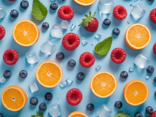 Colorful flat lay of orange wheels, berries, mint, and ice cubes on a pastel blue background