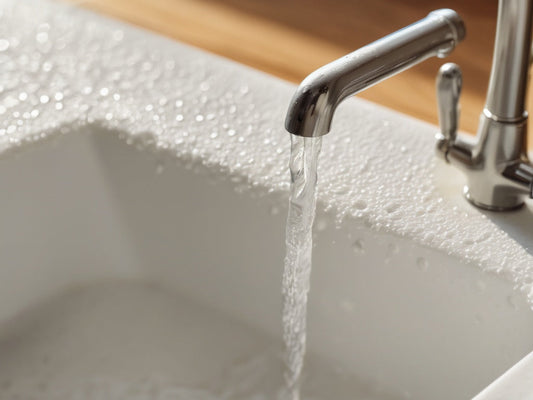 Soapy water and suds in a kitchen sink for washing bottle lids