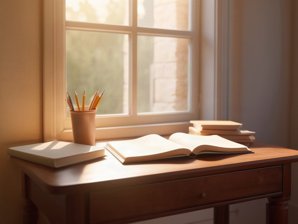 Sunlit wooden study desk beside a window with an open blank notebook and pencils