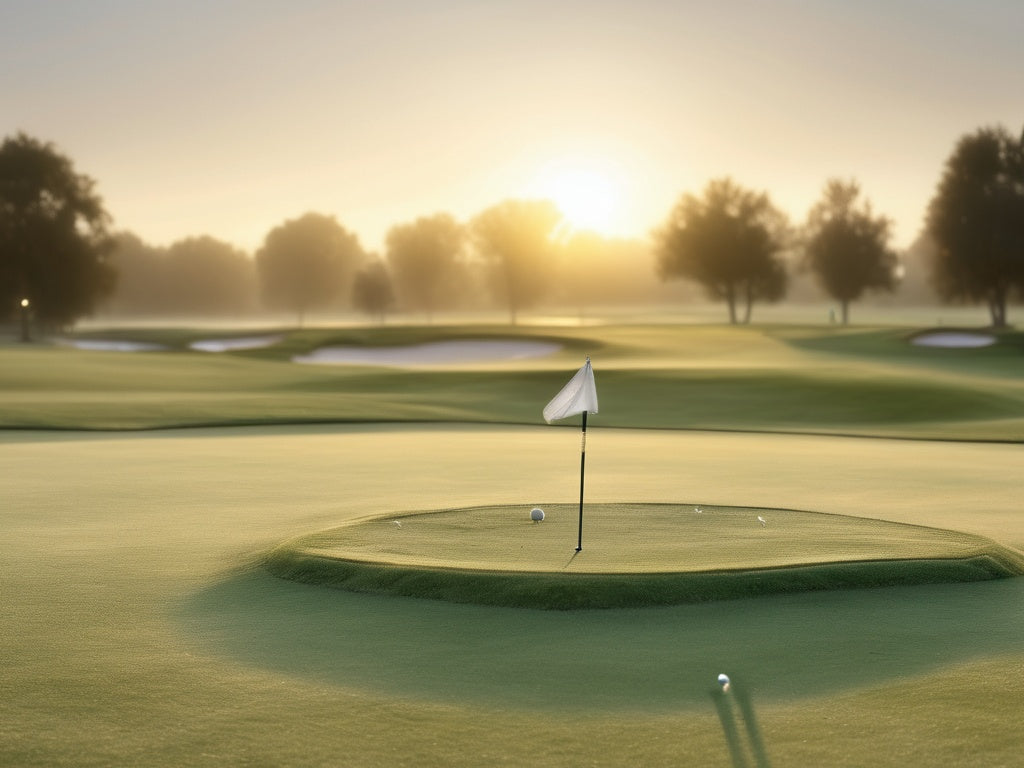 Golf putting green at sunrise with morning dew and flagstick