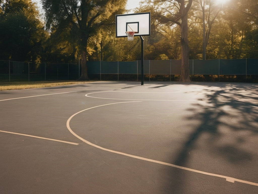 An empty outdoor basketball court with worn painted lines on asphalt at golden hour