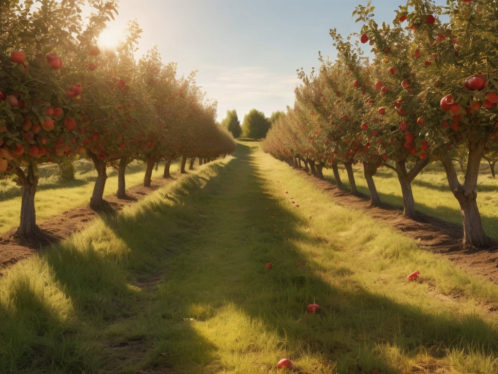 Rows of apple trees heavy with red apples in an orchard under warm early-autumn sunlight, no people, signs, or text visible