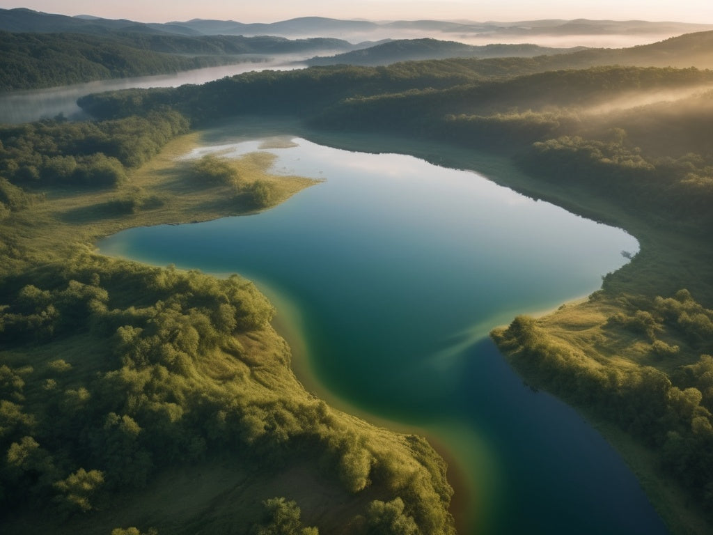 Aerial view of a pristine freshwater reservoir in the green Georgia hills at sunrise — NuRich vertically integrated water pipeline
