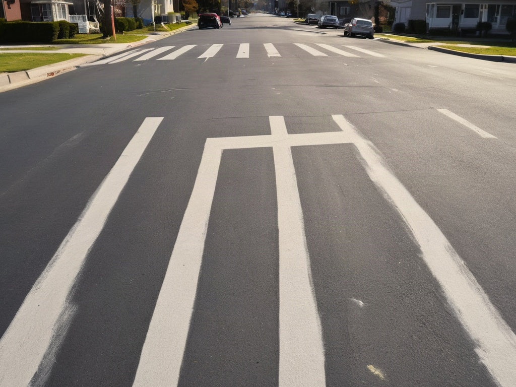 Empty painted crosswalk on a sunlit suburban street