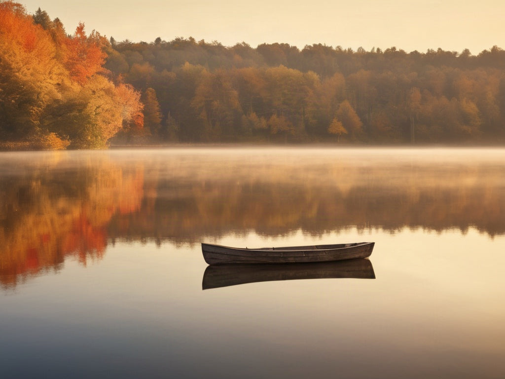 A small empty rowboat on a calm misty lake at dawn with autumn trees on the far shore