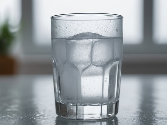 Tall glass of ice water with condensation in soft daylight
