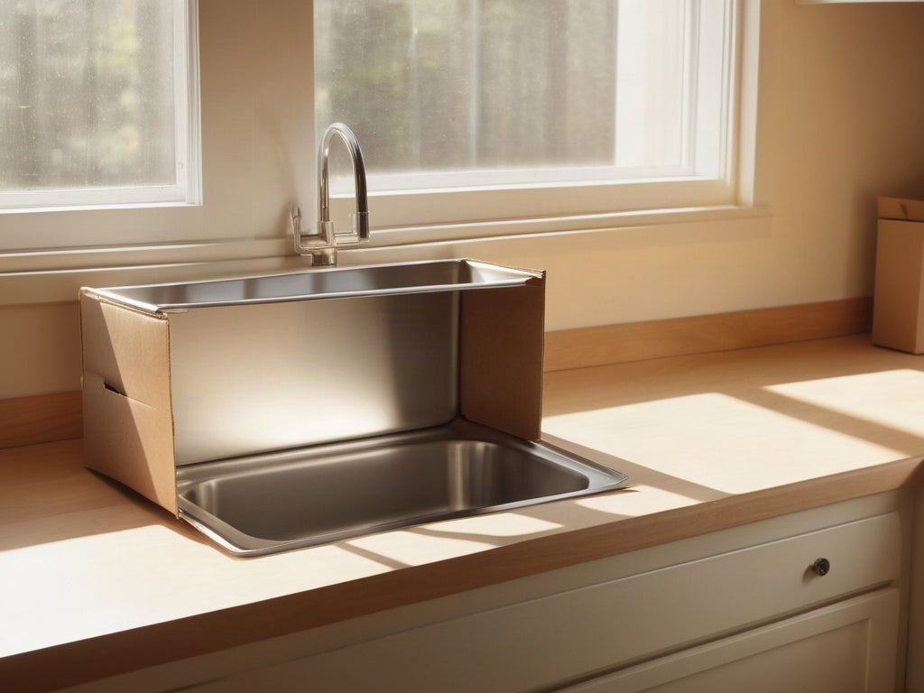 An empty modern kitchen with a clean stainless steel sink and morning sun through a window