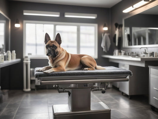 Dog resting on a grooming table in a pet salon