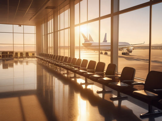 Airport terminal at golden hour with a plane visible through the window