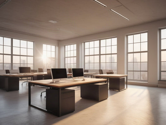 Empty modern open-plan office at sunrise with plain wooden desks and large windows