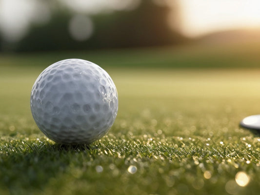 Golf ball on a dew-covered green at sunrise