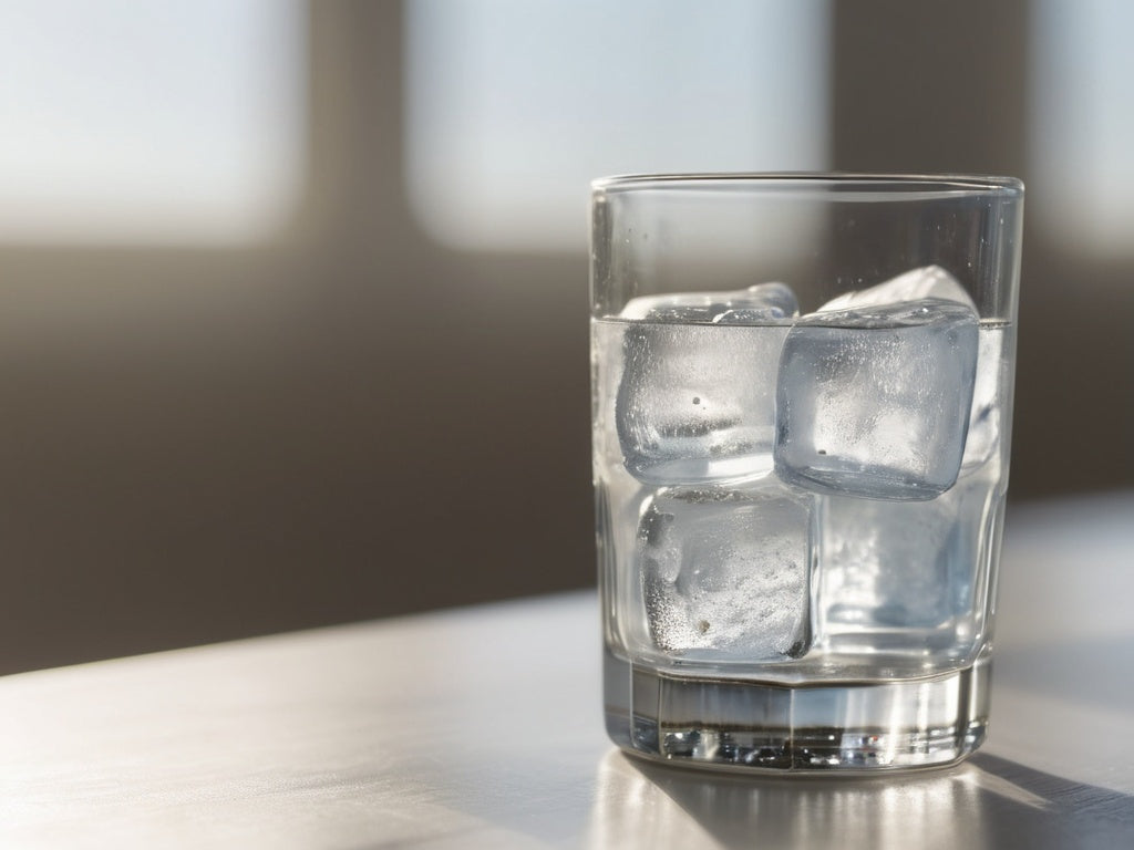 Glass of ice water with large ice cubes in warm window light