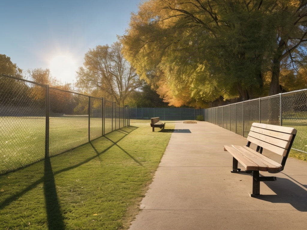 Empty fenced dog park at golden hour in early autumn with a wooden bench