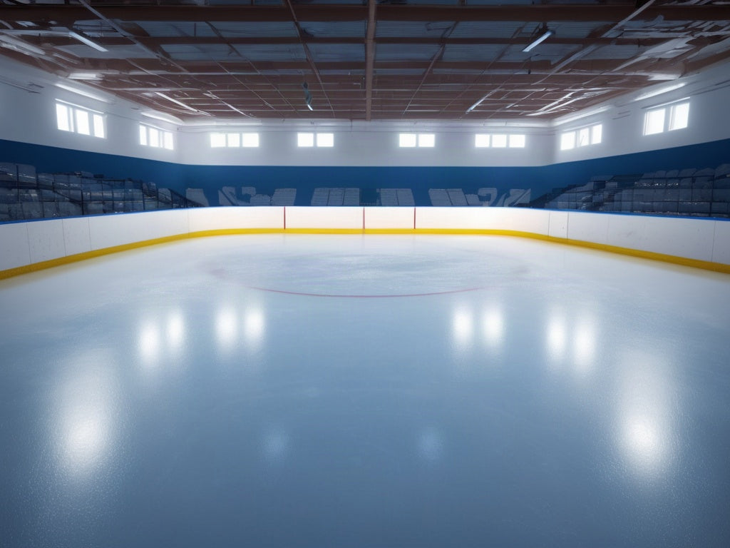 Empty ice hockey rink at dawn with freshly resurfaced ice and plain white boards