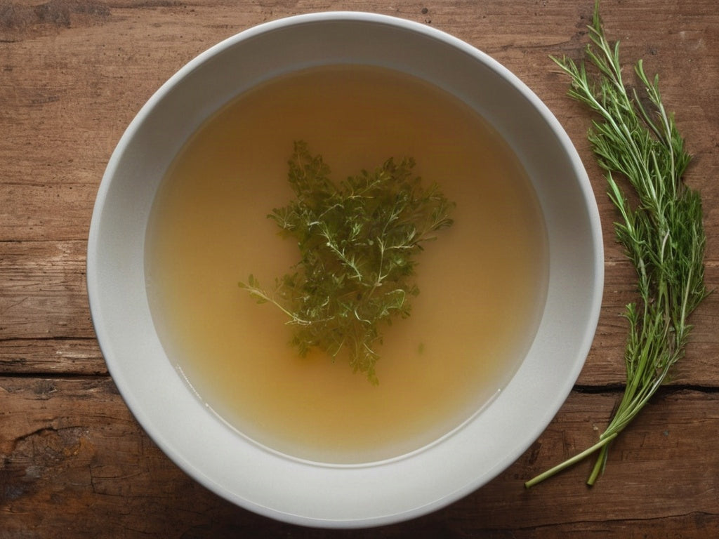 Overhead view of a white bowl of clear golden broth with herbs on a wooden table