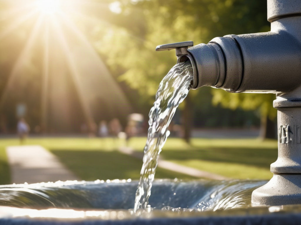 Clear water pouring from a public drinking fountain tap in a sunlit park