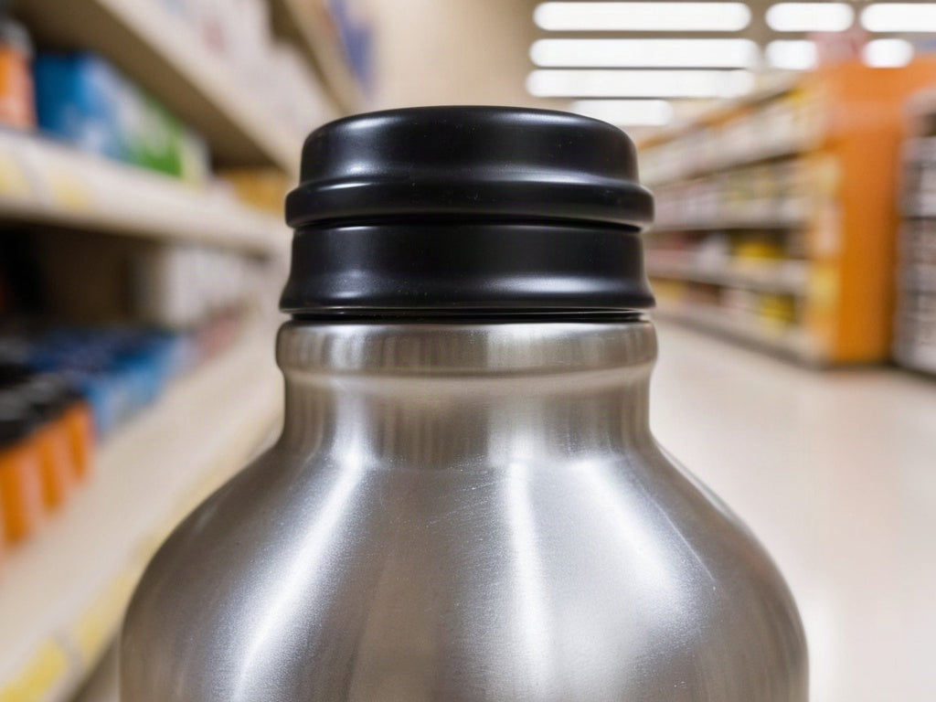 Close-up of a plain stainless steel water bottle neck and cap in a blurred store aisle