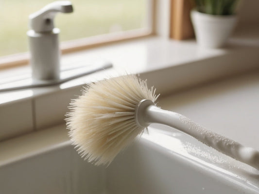 Bottle cleaning brush with soft bristles over a kitchen sink