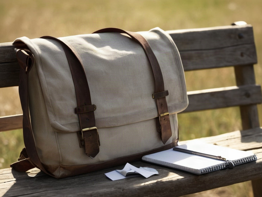 An open canvas messenger bag on a wooden bench with a notebook and a folded jacket in soft morning light