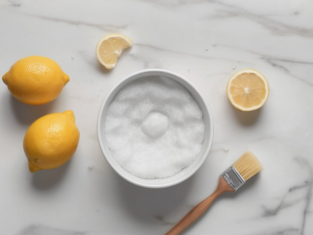 Baking soda, lemons and a cleaning brush flat-lay for cleaning a straw lid