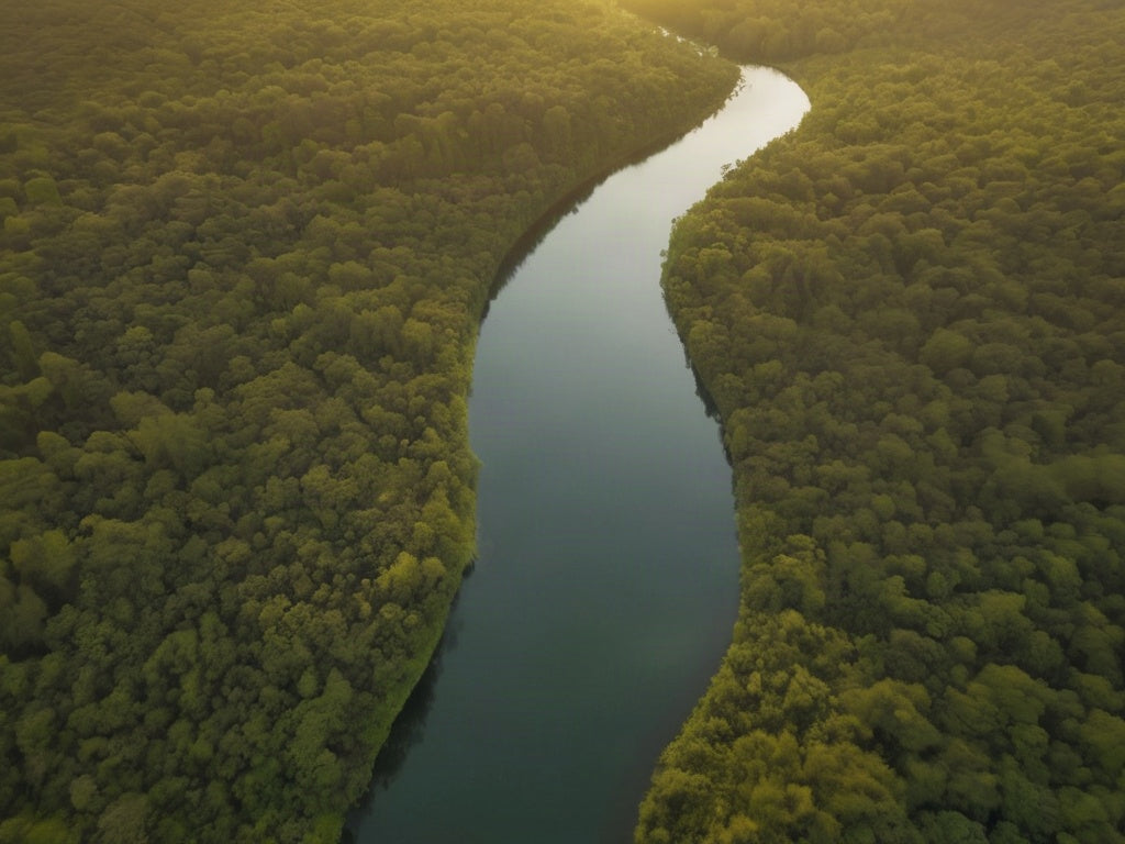 Aerial view of a winding river through green forest
