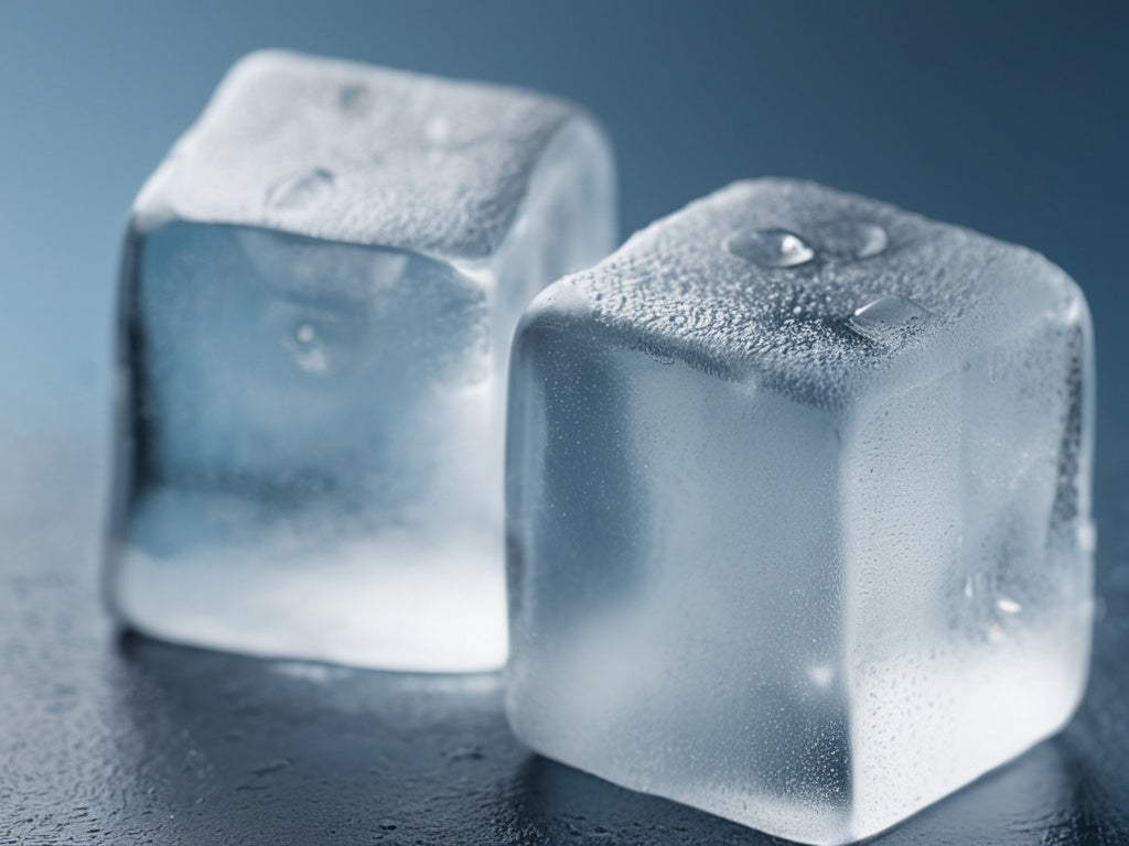 Macro close-up of large clear ice cubes with frost on a cool blue surface