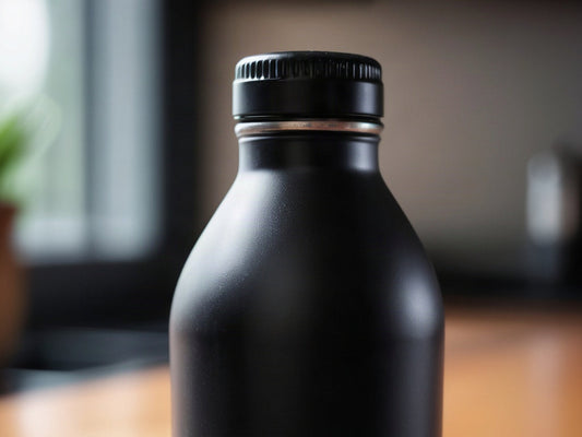 Close-up of the lid and neck of a plain matte black insulated stainless steel bottle on a kitchen counter